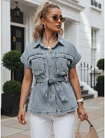 Koszula damska jeansowa z paskiem i krótkim rękawem model 22223058 - FashionStreet Koszula damska jeansowa z paskiem i krótkim rękawem model 22223058 - FashionStreet