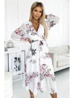 Bílé dámské midi šaty se vzorem výstřihem a páskem model 21729072 - numoco basic Bílé dámské midi šaty se vzorem výstřihem a páskem model 21729072 - numoco basic