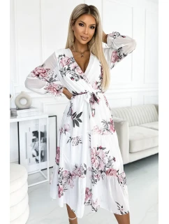 Bílé dámské midi šaty se vzorem výstřihem a páskem model 21729072 - numoco basic