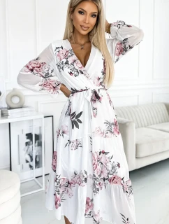 Bílé dámské midi šaty se vzorem výstřihem a páskem model 21729072 - numoco basic