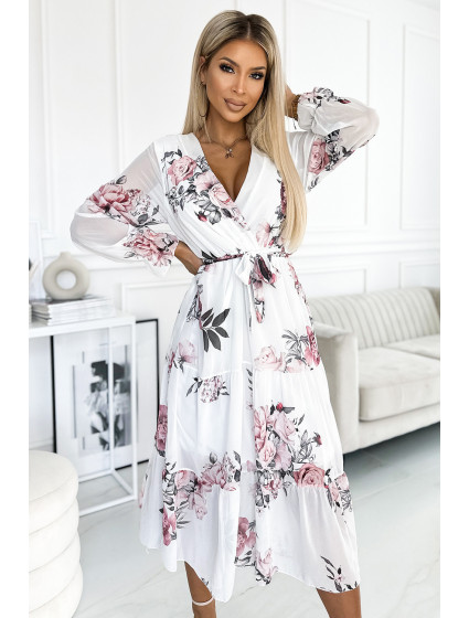 VALENTINA - Bílé dámské midi šaty se vzorem růží, výstřihem a páskem 436-2