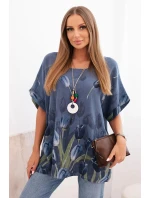 Dámská bavlněná košile s květinovým vzorem džínová modrá Dámská bavlněná košile s květinovým vzorem džínová modrá