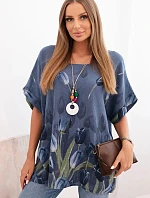 Dámská bavlněná košile s květinovým vzorem džínová modrá