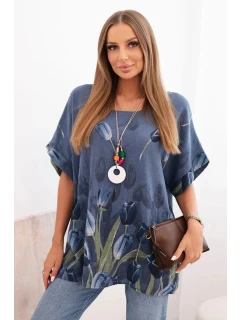 Dámská bavlněná košile s květinovým vzorem džínová modrá