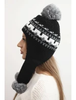 Dámská zimní čepice vlněná s ušima a bambulkami K436 černá + grafitová Dámská zimní čepice vlněná s ušima a bambulkami K436 černá + grafitová