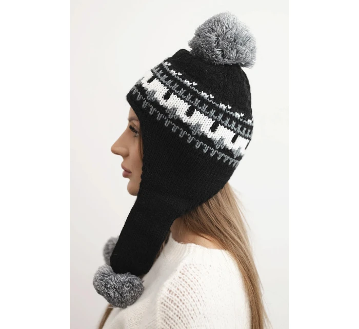 Dámská zimní čepice vlněná s ušima a bambulkami K436 černá + grafitová Dámská zimní čepice vlněná s ušima a bambulkami K436 černá + grafitová