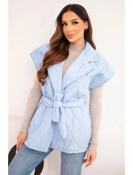 Dámská prošívaná vesta s páskem a širokým límcem modrá