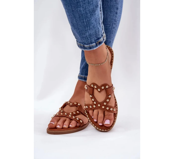 Dámské zdobené ploché pantofle – camel Adivrae