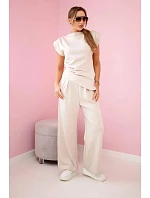 Komplet asymetrická halenka + kalhoty béžový