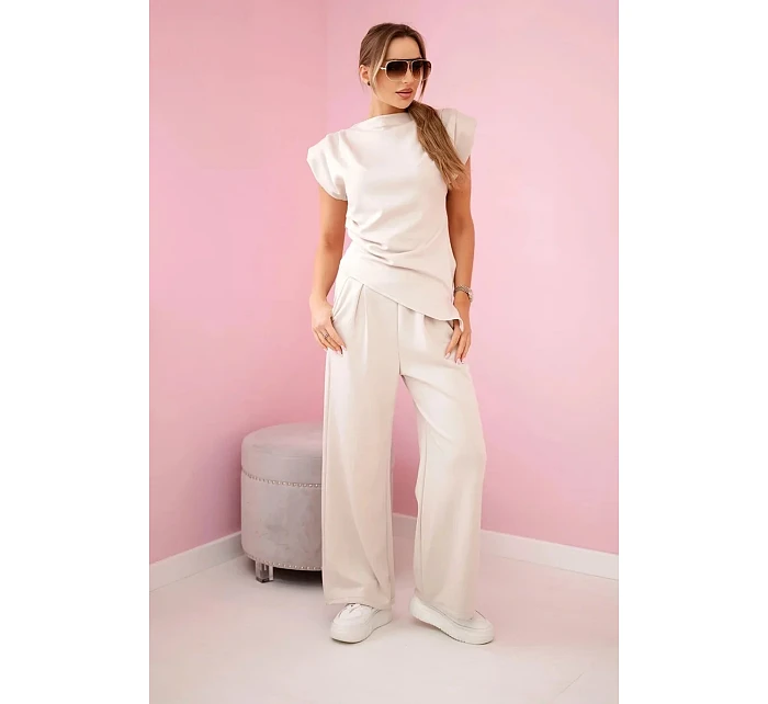 Komplet asymetrická halenka + kalhoty béžový