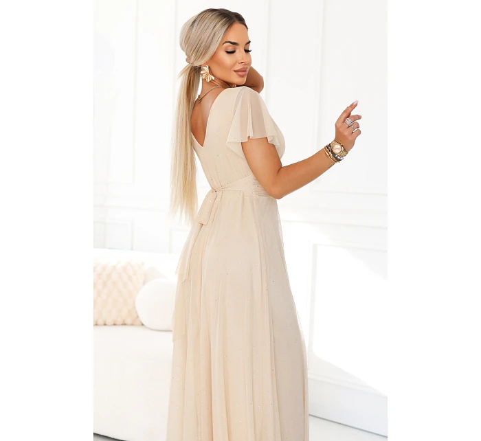 635-9 MELANIA dlouhé třpytivé svatební šaty s výstřihem a krátkými rukávy - béžové