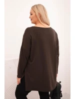 Dámská bavlněná blůza Plus Size asymetrická s dlouhým rukávem hnědá