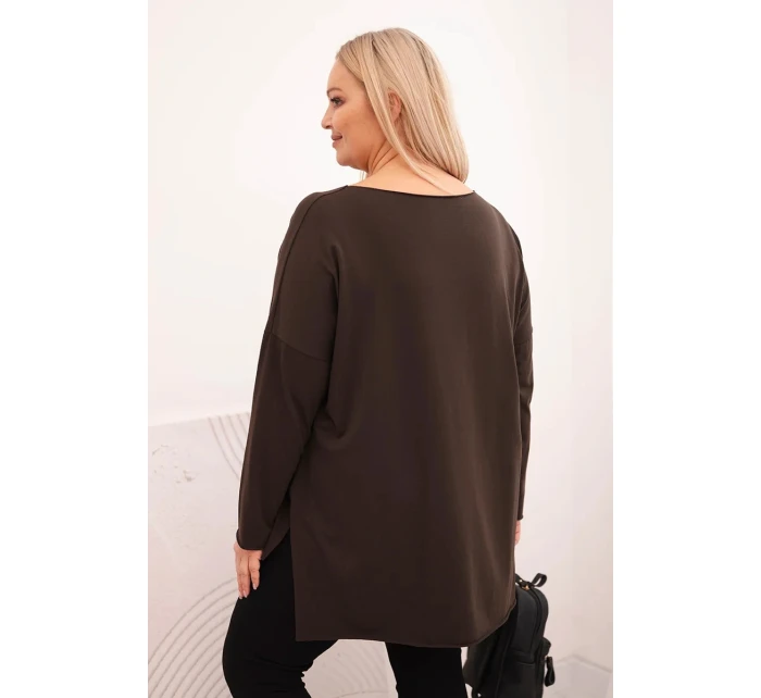 Dámská bavlněná blůza Plus Size asymetrická s dlouhým rukávem hnědá