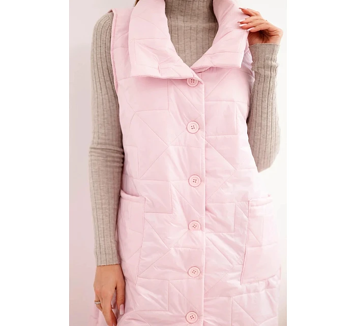 Dámská prošívaná dlouhá vesta s kapsami a stojáčkem bonbónově růžová