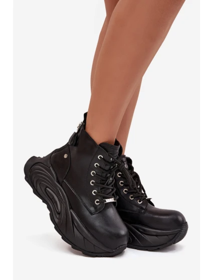 Dámské kožené boty GOE – černé, zateplené, na platformě Dámské kožené boty GOE – černé, zateplené, na platformě