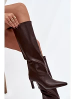 Dámské kozačky nazouvací na jehlovém podpatku s prošitím čokoládové Olyvia