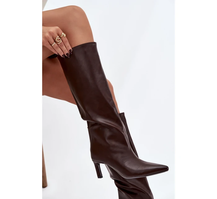 Dámské kozačky nazouvací na jehlovém podpatku s prošitím čokoládové Olyvia