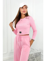Bavlněný komplet žebrovaná halenka + kalhoty světle růžové