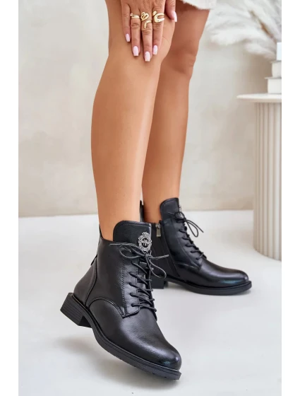 Zateplené Kotníkové Boty Na Ploché Podpatku S Ozdobou Černé Leonise