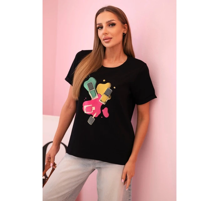 Dámská bavlněná blůza s krátkým rukávem a barevným potiskem černá Dámská bavlněná blůza s krátkým rukávem a barevným potiskem černá