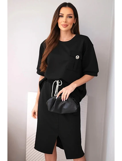 Dámský máslový komplet s blůzkou a midi sukní černý