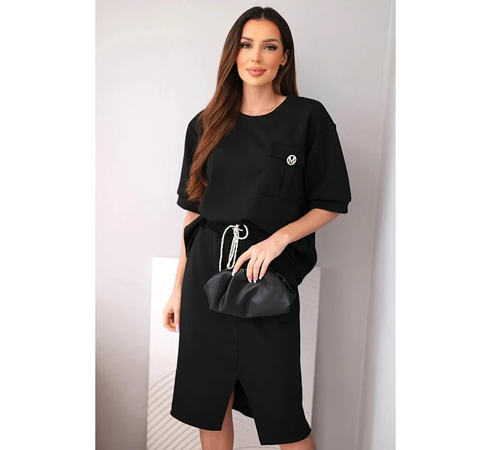 Dámský máslový komplet s blůzkou a midi sukní černý