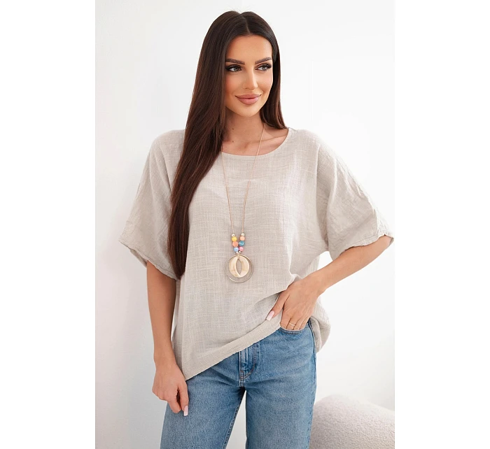 Dámská bavlněná oversize halenka s krátkým rukávem béžová Dámská bavlněná oversize halenka s krátkým rukávem béžová