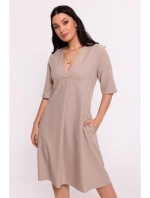 B280 Trapézové šaty s výstřihem do V - béžové
