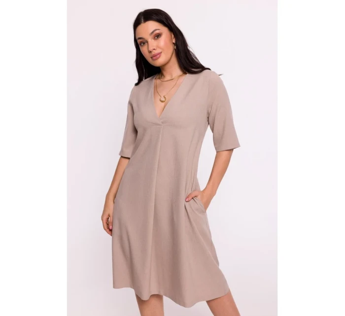 B280 Trapézové šaty s výstřihem do V - béžové