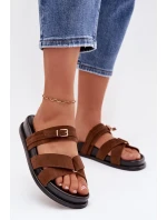 Dámské pantofle s pásky a zlatým sponou Hnědé model 21954730 - Boto