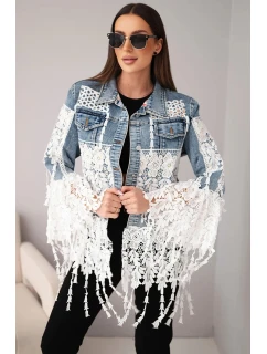 Dámská džínová bunda bavlněná s krajkou a třásněmi tmavě džínová