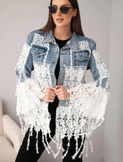 Dámská džínová bunda bavlněná s krajkou a třásněmi tmavě džínová