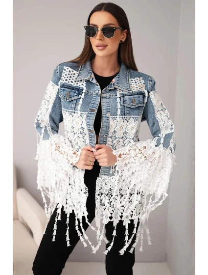 Dámská džínová bunda bavlněná s krajkou a třásněmi tmavě džínová