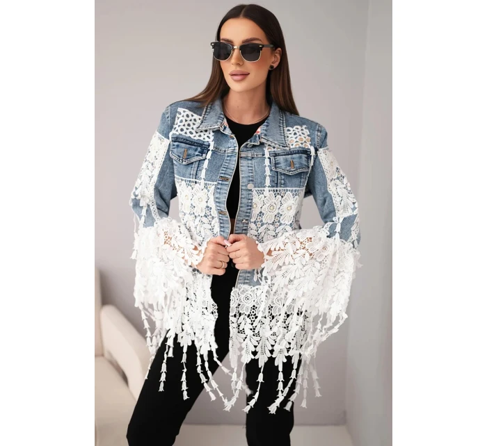 Dámská džínová bunda bavlněná s krajkou a třásněmi tmavě džínová