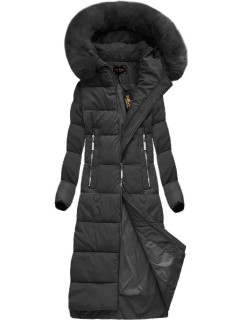 Dlouhá černá dámská zimní bunda s kapucí (7688)