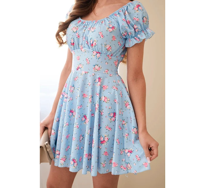 Dámské květinové šaty s nabíraným rukávem a elastickým pasem modrá Dámské květinové šaty s nabíraným rukávem a elastickým pasem modrá