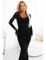 620-1 Večerní krajkové síťované maxi šaty s dlouhými rukávy - černé