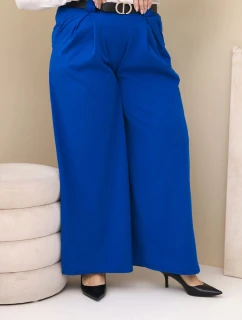 Dámské kalhoty Plus Size viskózové s širokými nohavicemi a páskem chabrové