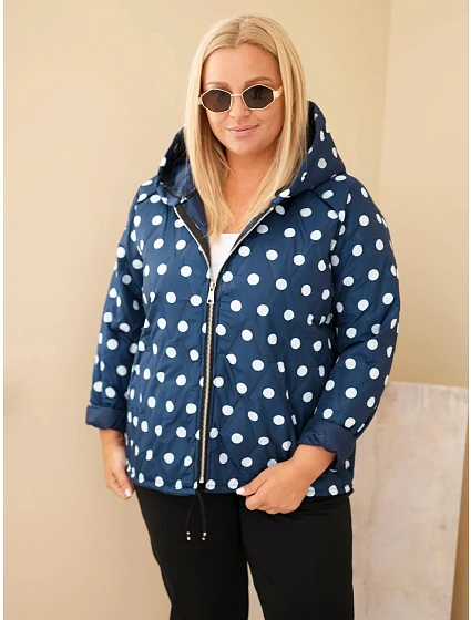 Dámská bunda Plus Size s kapucí a puntíky modrá granatowa Dámská bunda Plus Size s kapucí a puntíky modrá granatowa