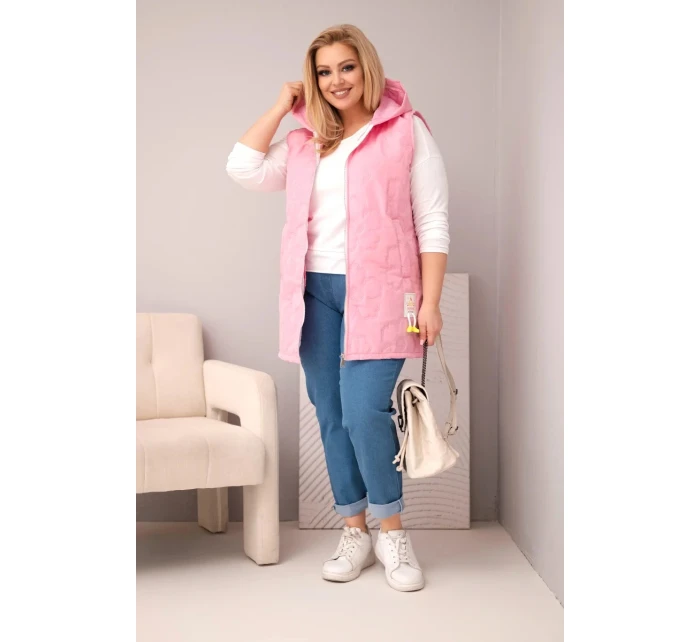 Dámská vesta Plus Size s kapucí a květinovým prošíváním světle růžová