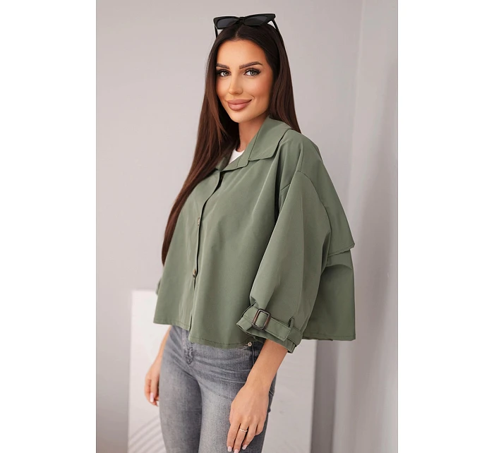 Dámská jarní bavlněná bunda zapínaná na knoflíky s límcem khaki