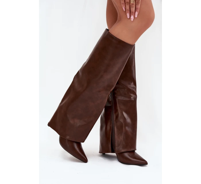 Dámské zateplené kozačky na jehlovém podpatku s vyhrnutou holení Tamonia – čokoládové, eko semiš