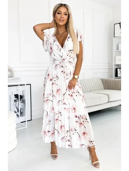 Dámské plisované midi šaty s výstřihem, volánky a se vzorem květů na pozadí model 18454592 - numoco basic