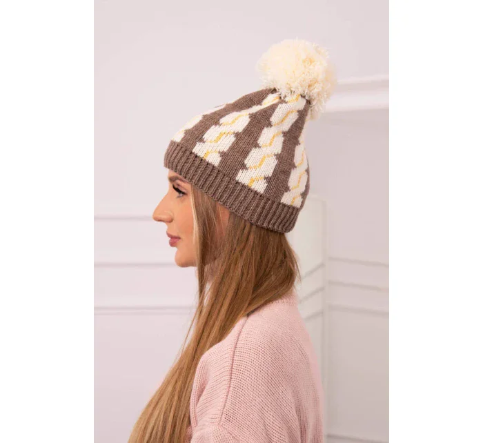 Dámská čepice s bambulí Rozalia K323 ecru+mocca