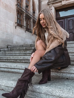 Dámské kotníkové boty na podpatku s třásněmi a žebrováním Zateplené Čokoládové Darlina