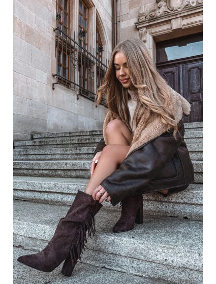 Dámské kotníkové boty na podpatku s třásněmi a žebrováním Zateplené Čokoládové Darlina