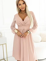 657-2 Elegantní midi šaty s obálkovým výstřihem a tylovými rukávy - béžové