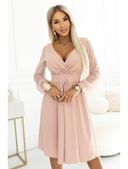 657-2 Elegantní midi šaty s obálkovým výstřihem a tylovými rukávy - béžové 657-2 Elegantní midi šaty s obálkovým výstřihem a tylovými rukávy - béžové