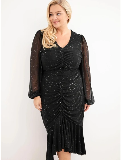 Dámské šaty Plus Size s příměsí viskózy s řasením černé