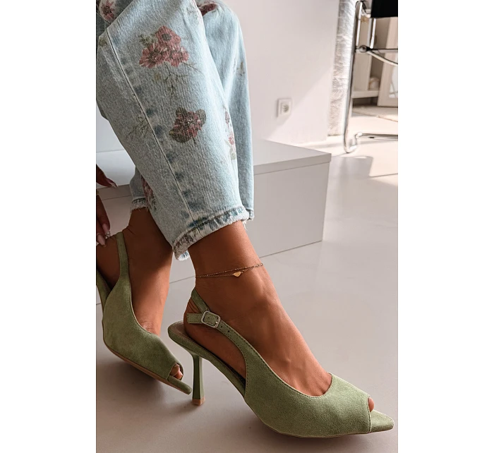 Dámské sandály na jehlovém podpatku Eko semiš zelené model 22092022 - Boto